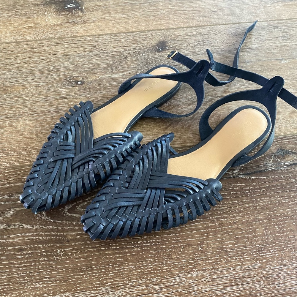 Pilcro Woven Leather Flats with Ankle Straps